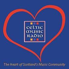 image of celtic music radio logo in blue with red heart around it