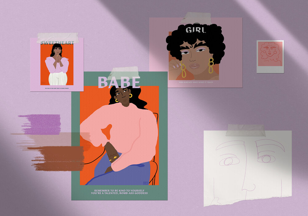 a selection of megan's work on a wall including various sized postcards in bright colours featuring women of colour.