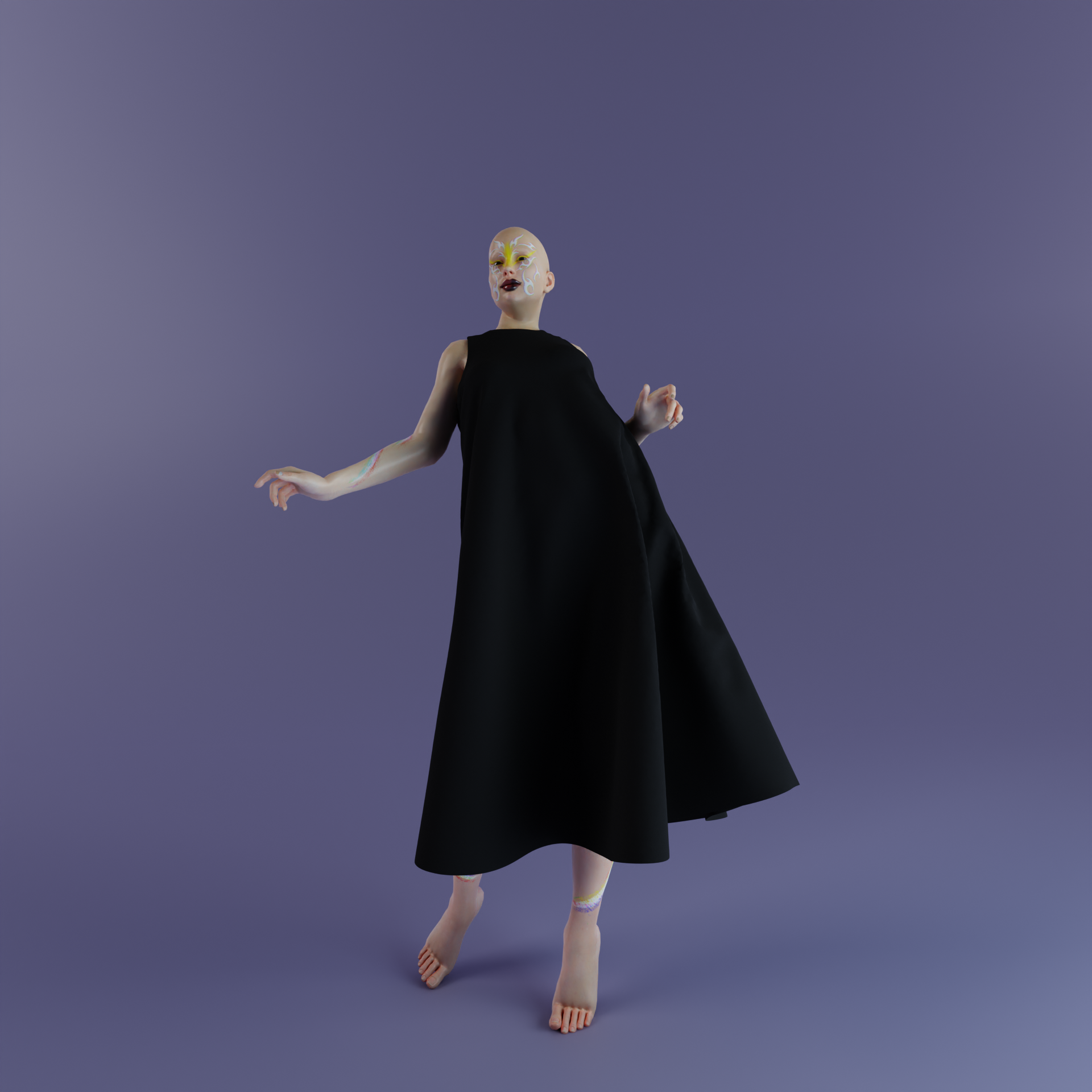 Purple background with elongated mannequin figure in long black dress.