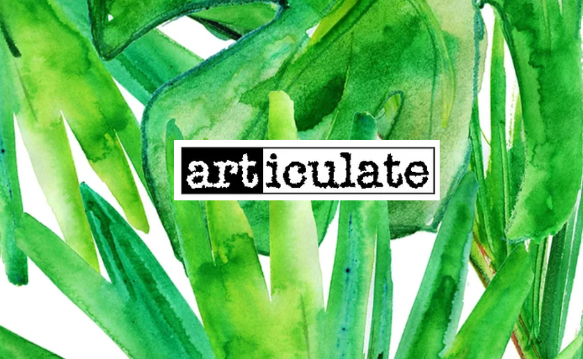 Articulate logo on a background of brightly painted leaves.