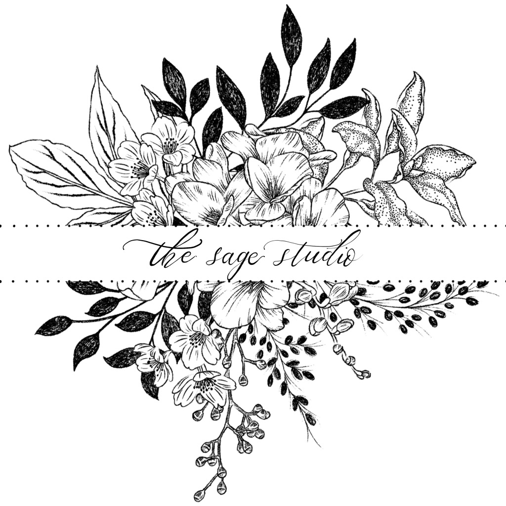 white background with text reading the sage studio in the centre surrounded by illustrated flowers